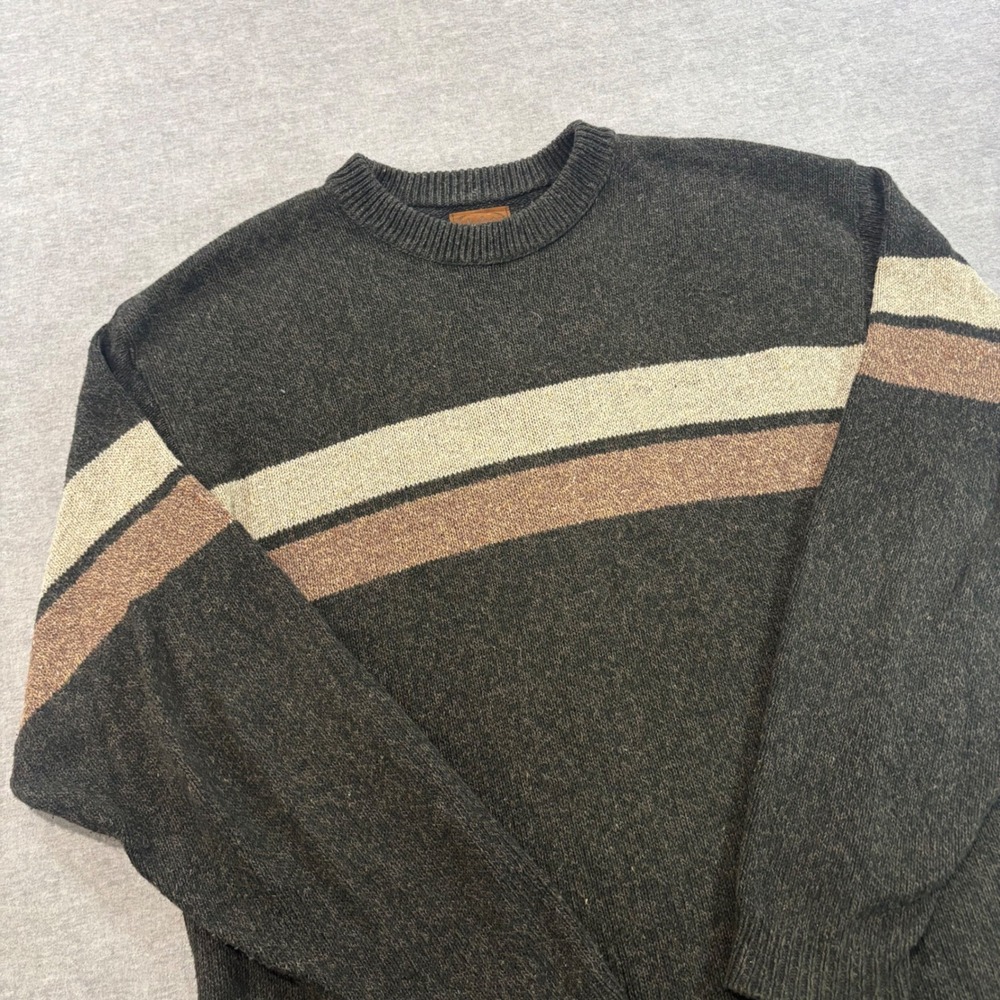 REI Vintage Mens Large Crewneck Sweater Striped Cotton Blend Green Brown USA